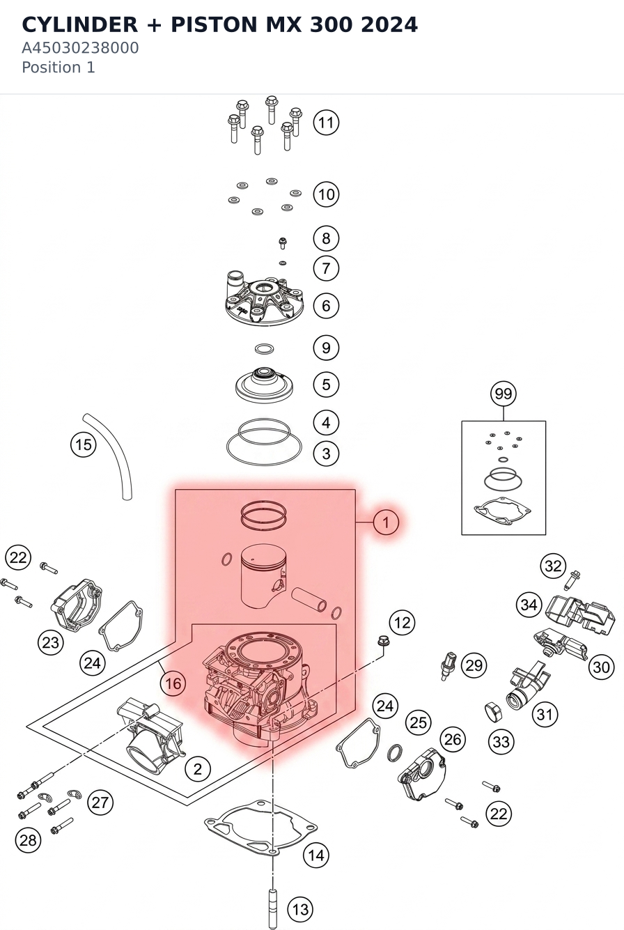 Diagram preview: CYLINDER + PISTON MX 300 2024 (A45030238000)