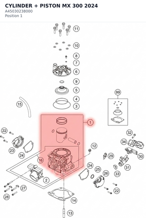 Diagram preview: CYLINDER + PISTON MX 300 2024 (A45030238000)