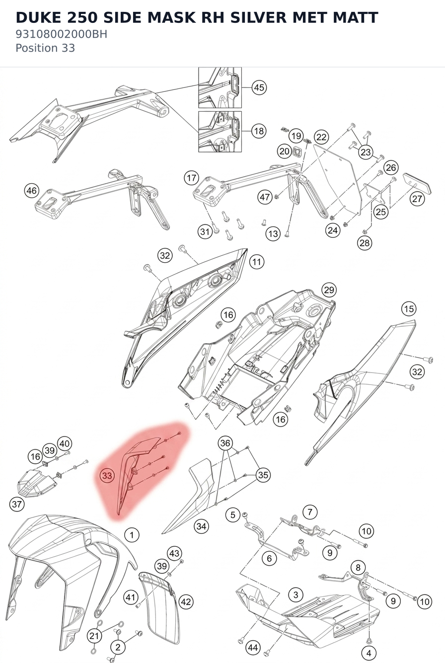Diagram preview: DUKE 250 SIDE MASK RH SILVER MET MATT (93108002000BH)