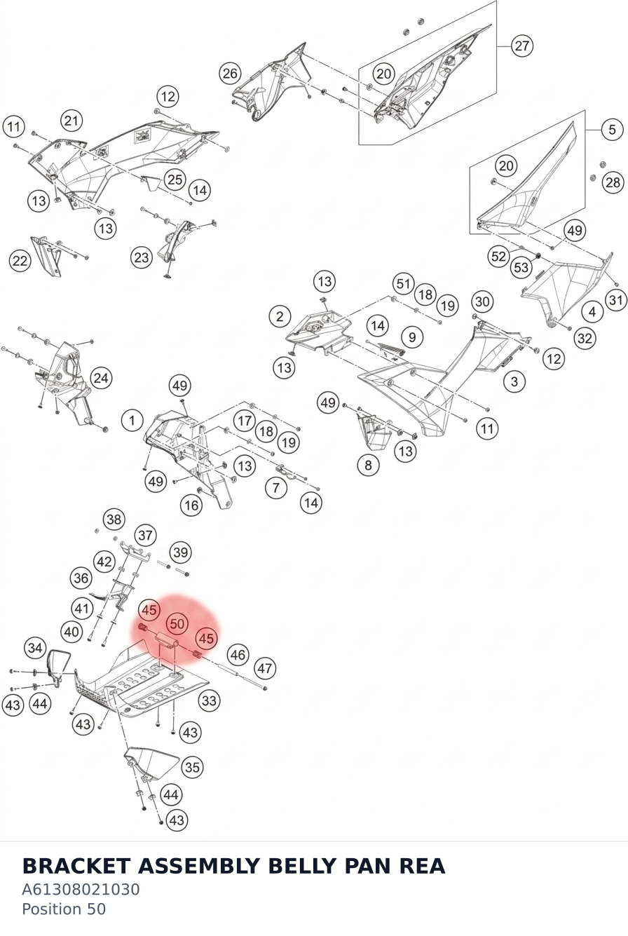 Diagram preview: BRACKET ASSEMBLY BELLY PAN REA (A61308021030)