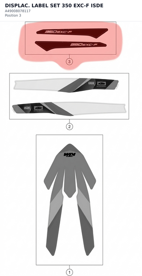 Diagram preview: DISPLAC. LABEL SET 350 EXC-F ISDE (A49008078117)