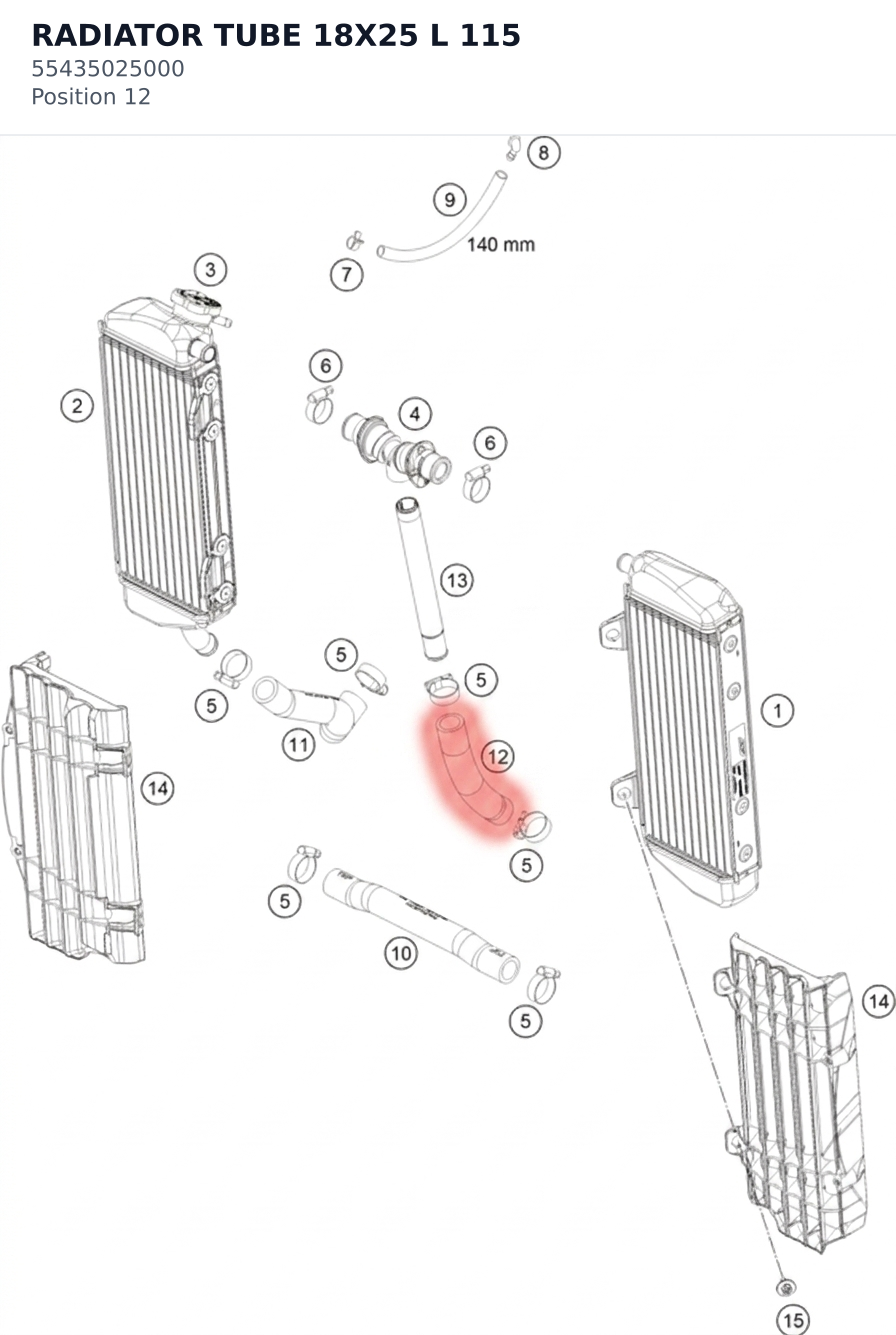 Diagram preview: RADIATOR TUBE 18X25 L 115 (55435025000)