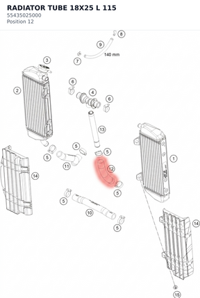 Diagram preview: RADIATOR TUBE 18X25 L 115 (55435025000)