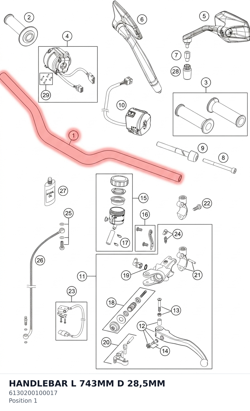 Diagram preview: HANDLEBAR L 743MM D 28,5MM (6130200100017)