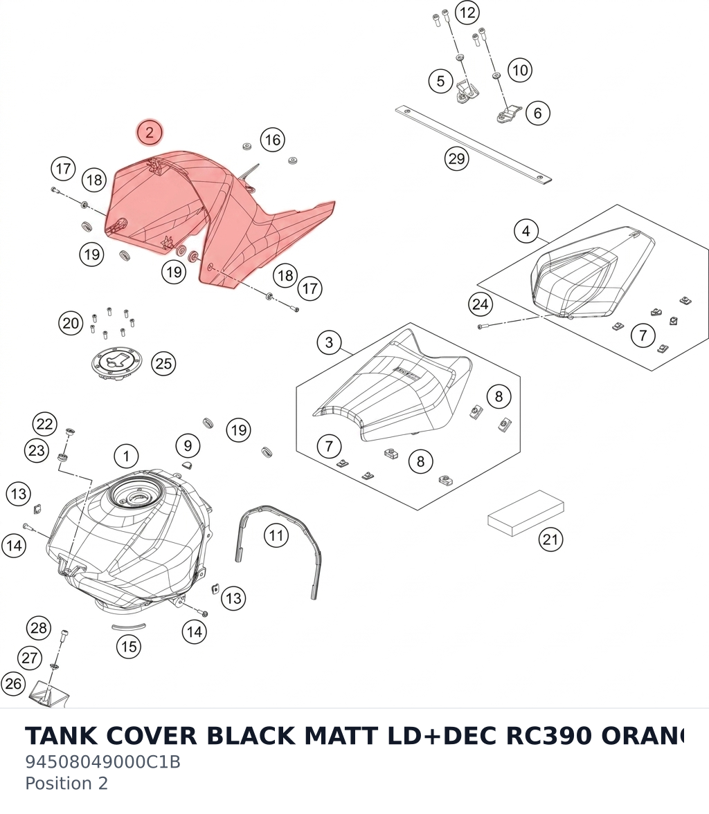 Diagram preview: TANK COVER BLACK MATT LD+DEC RC390 ORANG (94508049000C1B)