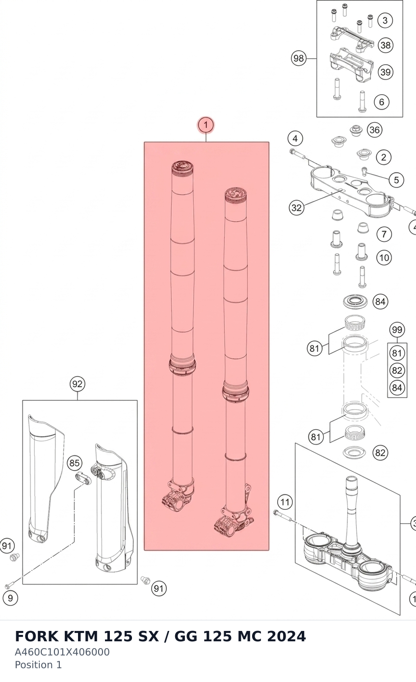 Diagram preview: FORK KTM 125 SX / GG 125 MC 2024 (A460C101X406000)