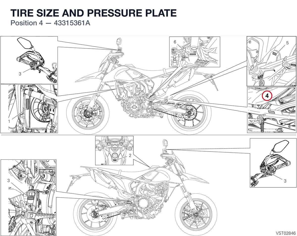 TIRE SIZE AND PRESSURE PLATE 43315361A diagram position