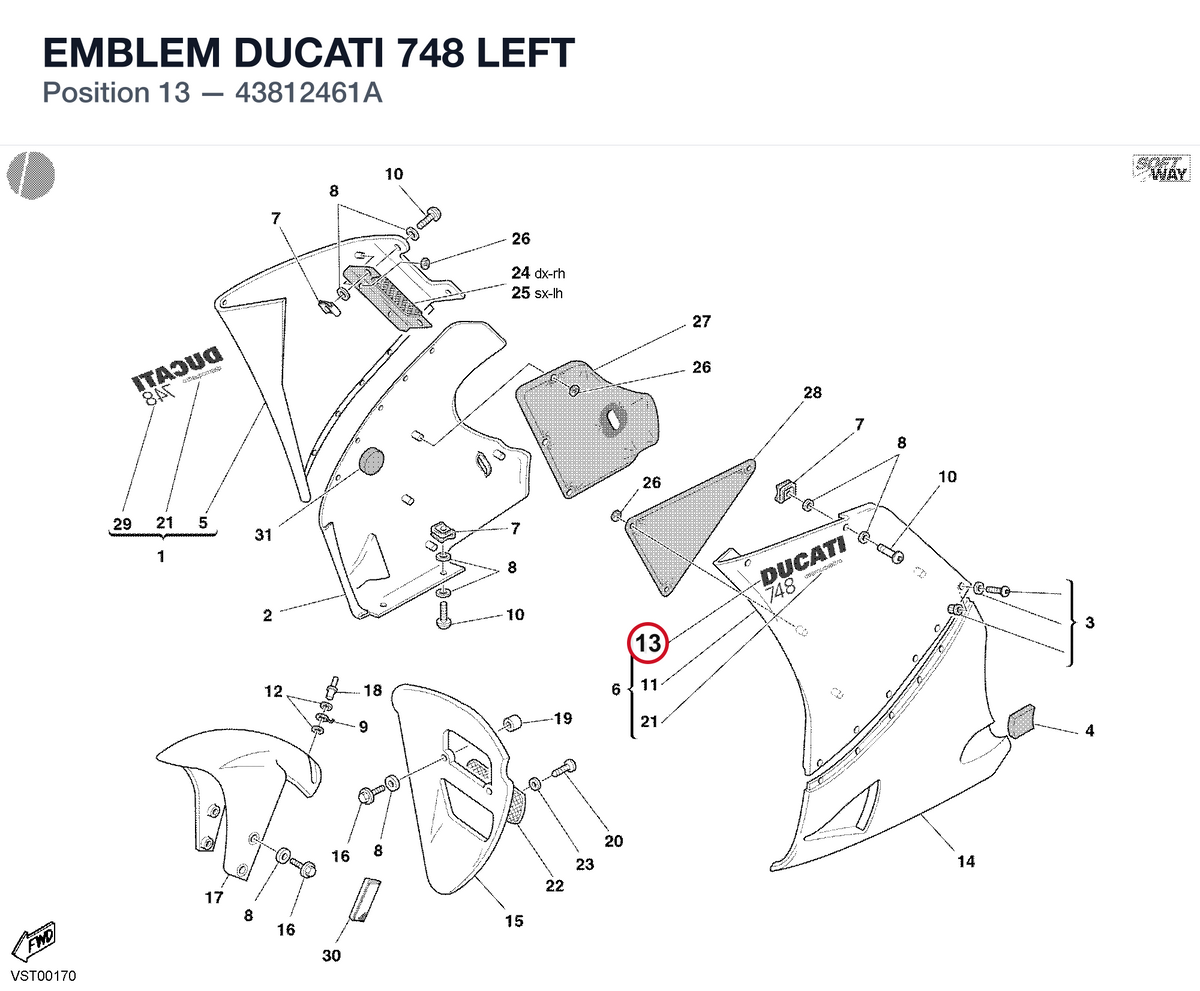 EMBLEM DUCATI 748 LEFT 43812461A diagram position
