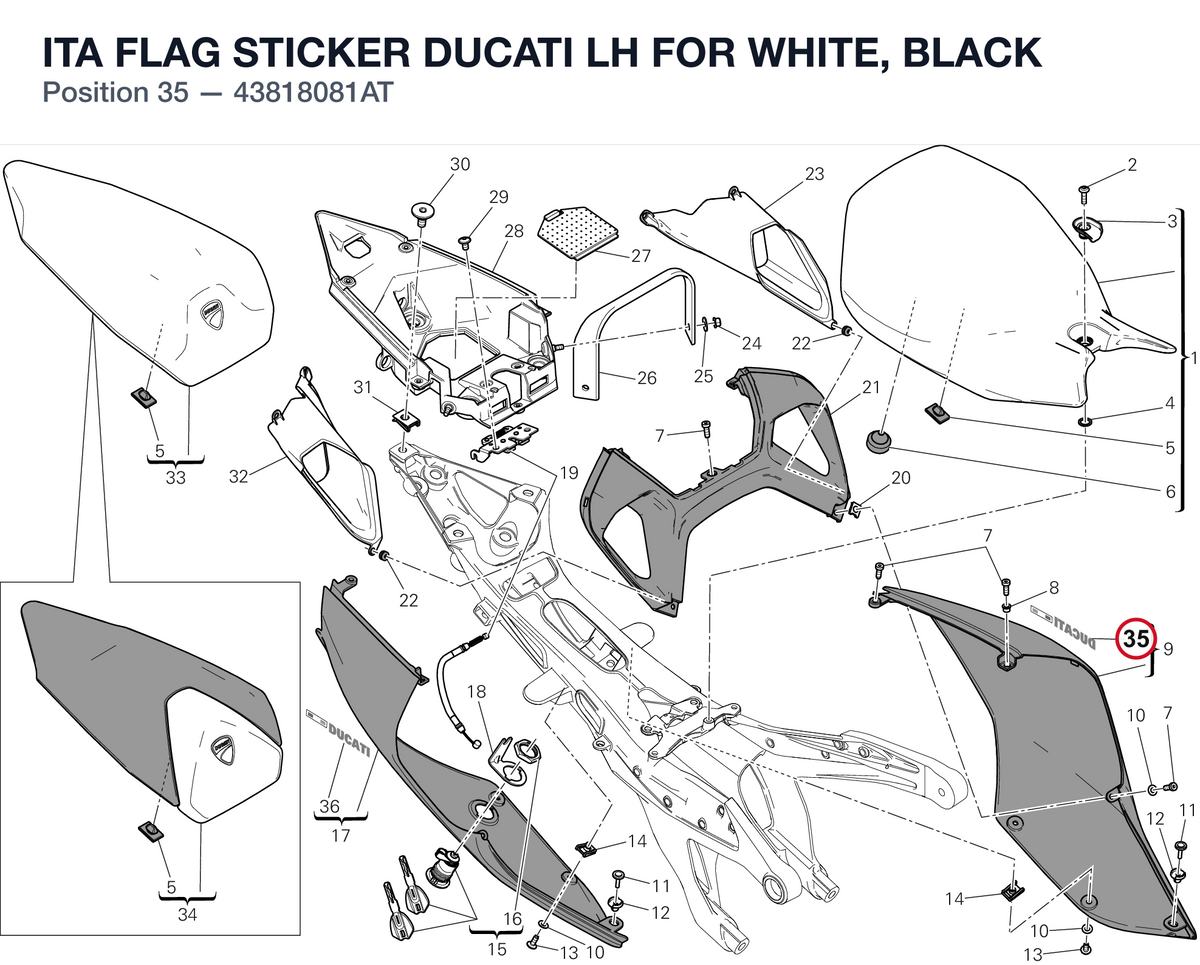ITA FLAG STICKER DUCATI LH FOR WHITE, BLACK 43818081AT diagram position