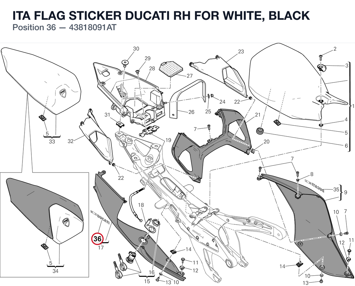 ITA FLAG STICKER DUCATI RH FOR WHITE, BLACK 43818091AT diagram position