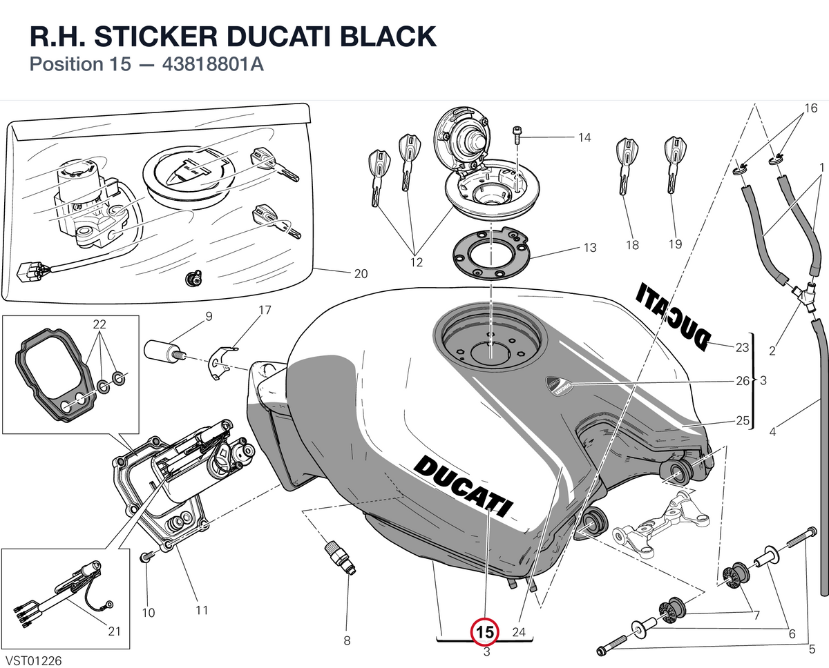 R.H. STICKER DUCATI BLACK 43818801A diagram position