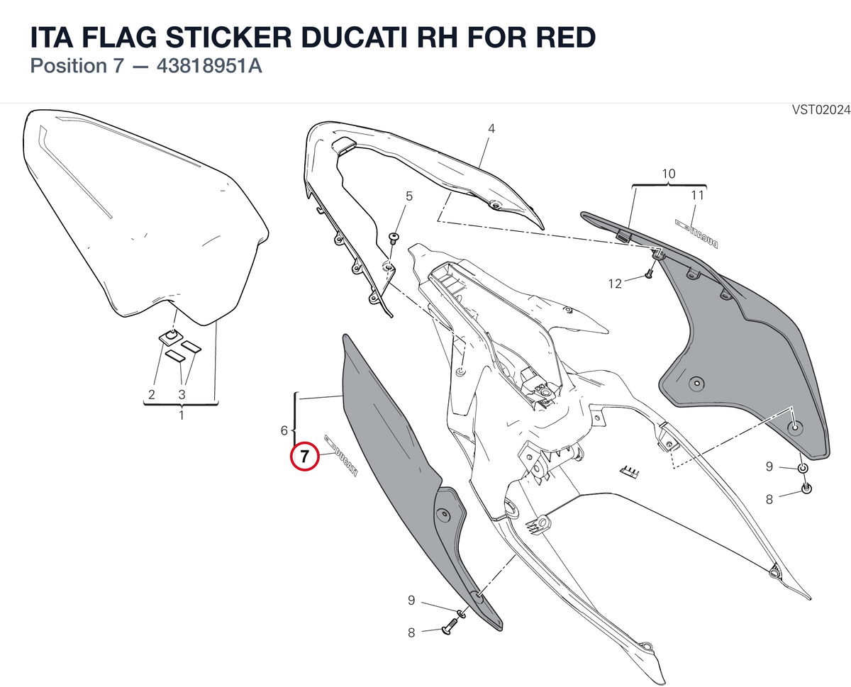 ITA FLAG STICKER DUCATI RH FOR RED 43818951A diagram position