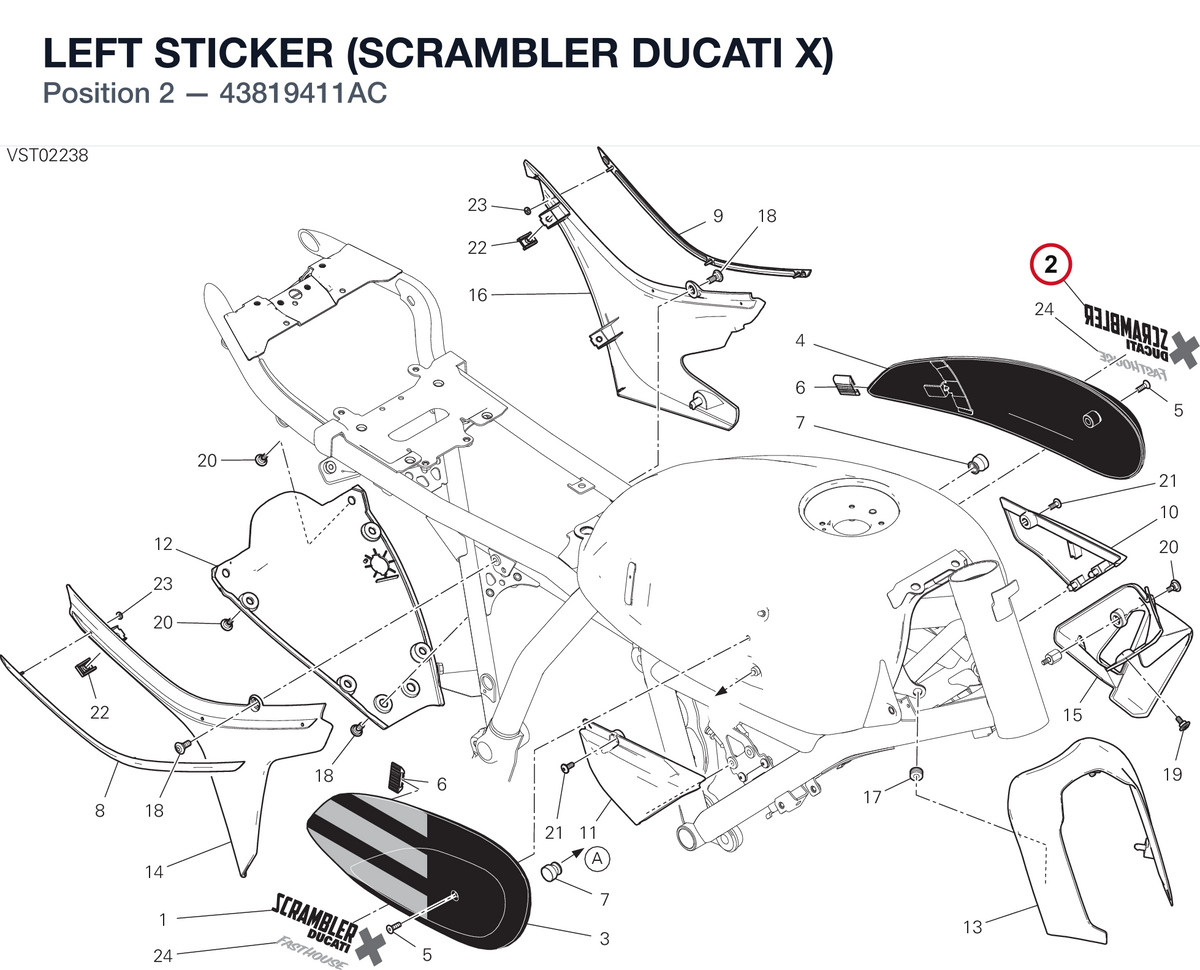 LEFT STICKER (SCRAMBLER DUCATI X) 43819411AC diagram position