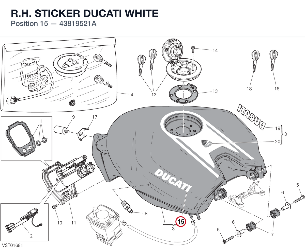 R.H. STICKER DUCATI WHITE 43819521A diagram position