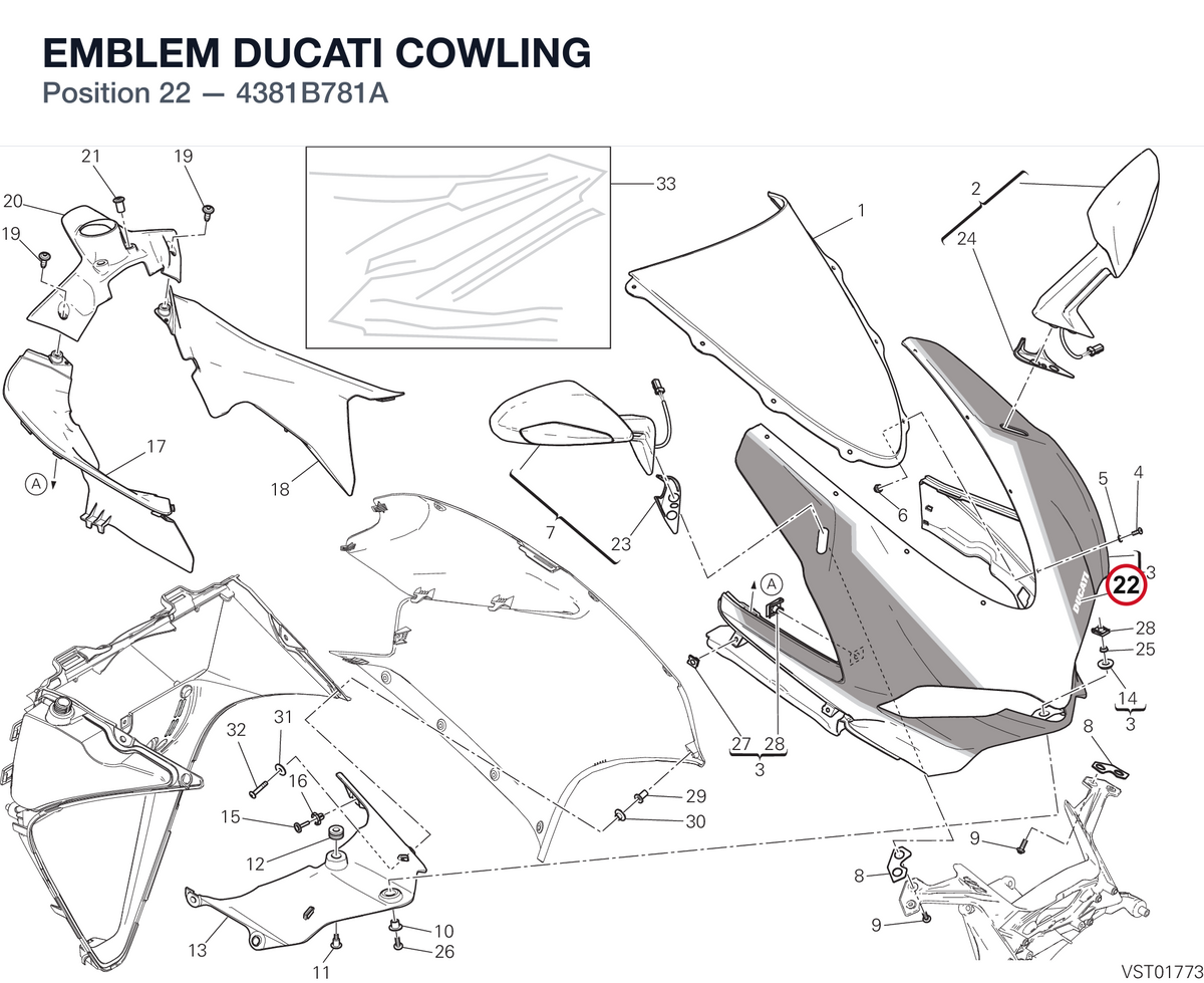 EMBLEM DUCATI COWLING 4381B781A diagram position