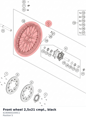 Diagram preview: Front wheel 2,5x21  cmpl., black (61909001044C1)