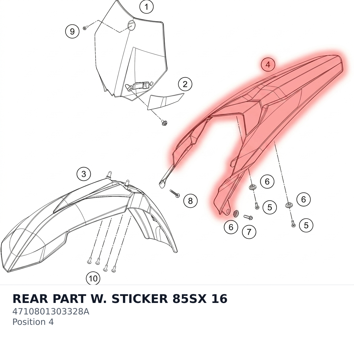 Diagram preview: REAR PART W. STICKER   85SX 16 (4710801303328A)
