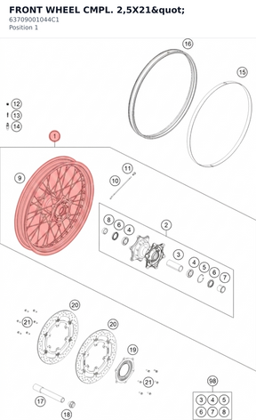 Diagram preview: FRONT WHEEL CMPL. 2,5X21" (63709001044C1)