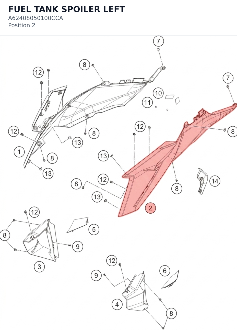 Diagram preview: FUEL TANK SPOILER LEFT (A62408050100CCA)