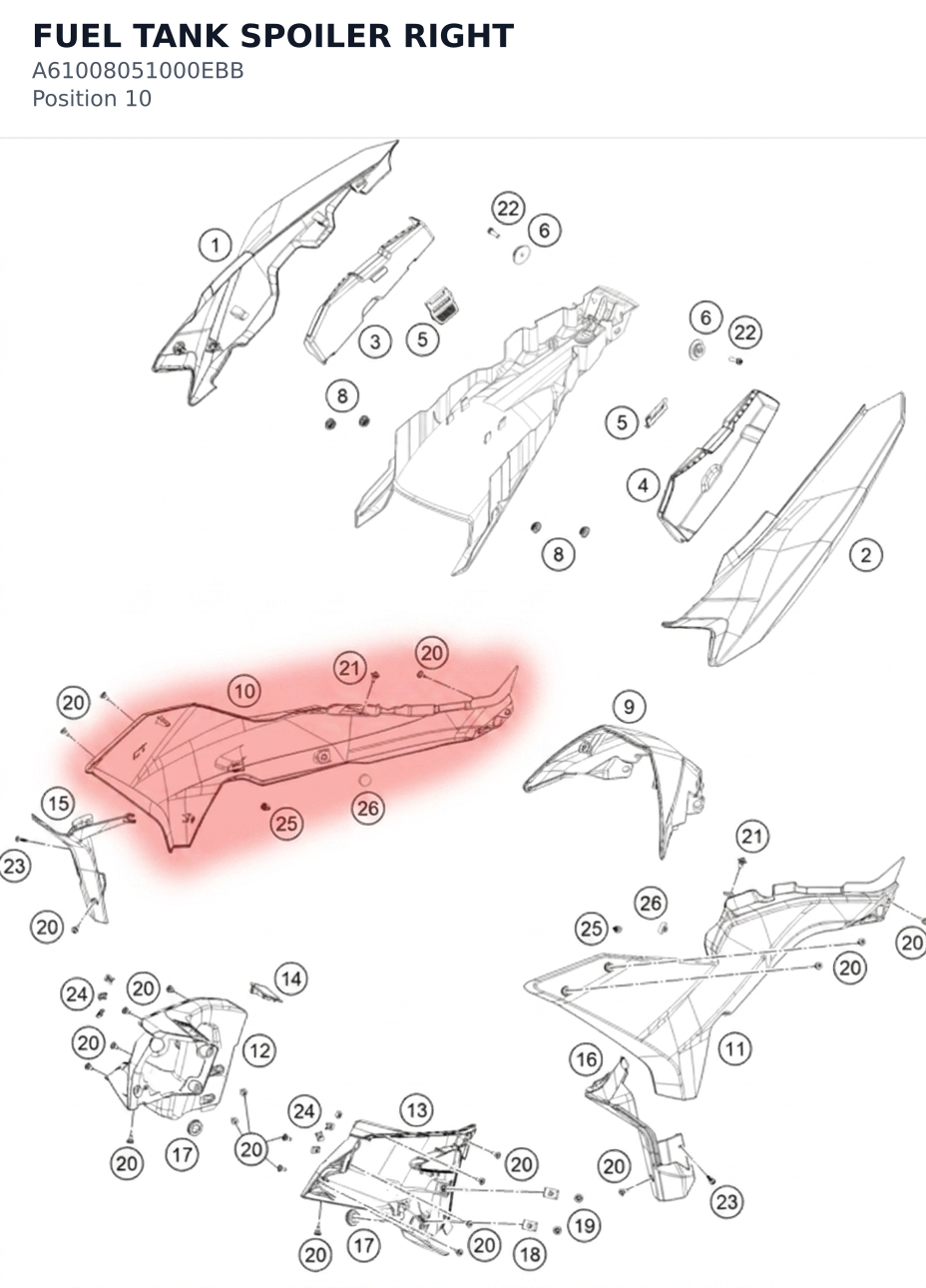 Diagram preview: FUEL TANK SPOILER RIGHT (A61008051000EBB)