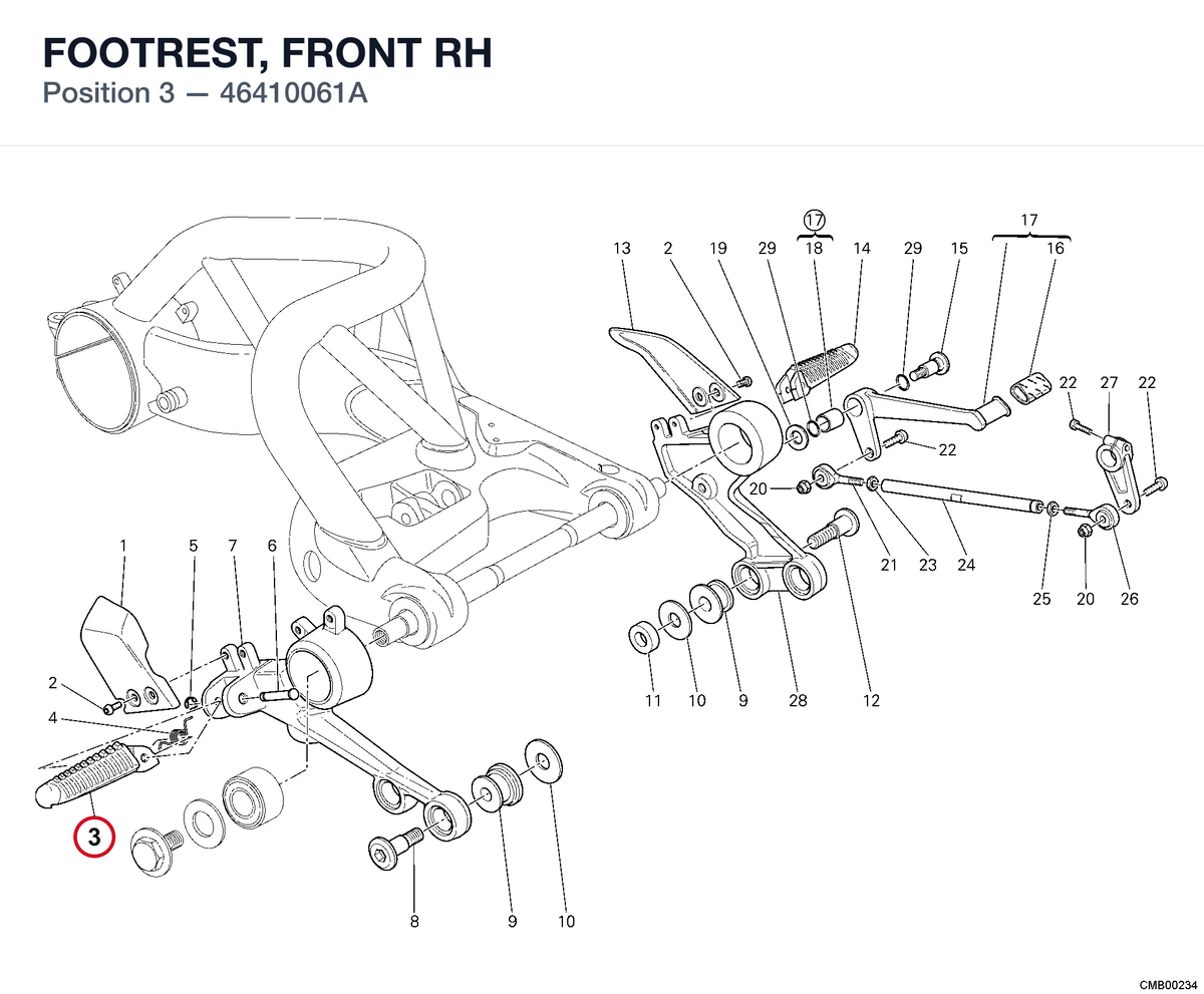FOOTREST, FRONT RH 46410061A diagram position