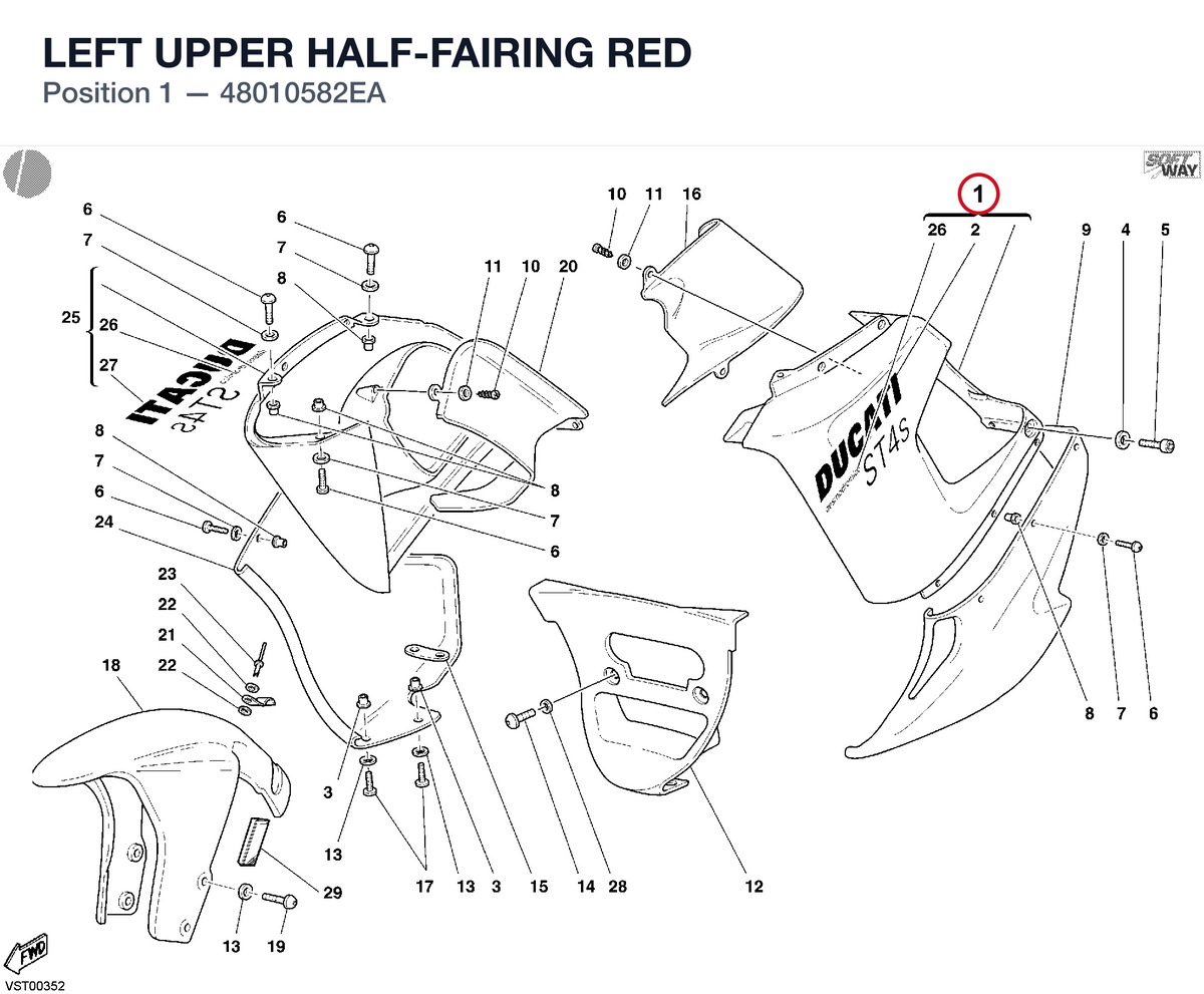 LEFT UPPER HALF-FAIRING RED 48010582EA diagram position
