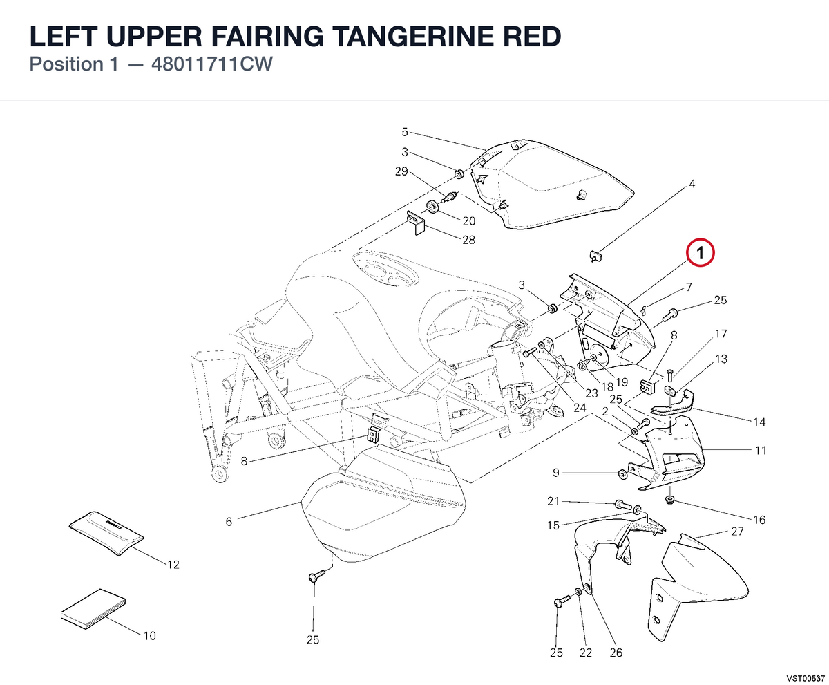 LEFT UPPER FAIRING TANGERINE RED 48011711CW diagram position