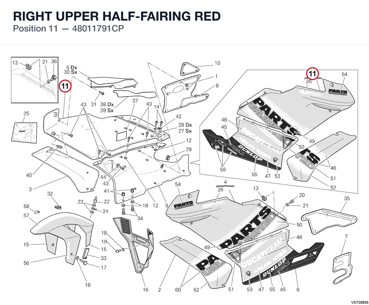 RIGHT UPPER HALF-FAIRING RED 48011791CP diagram position