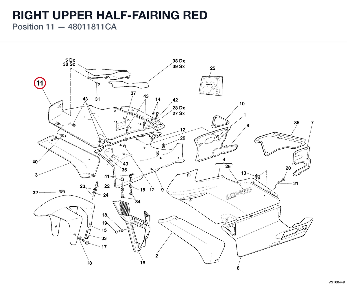 RIGHT UPPER HALF-FAIRING RED 48011811CA diagram position