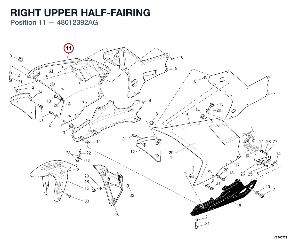 RIGHT UPPER HALF-FAIRING 48012392AG diagram position