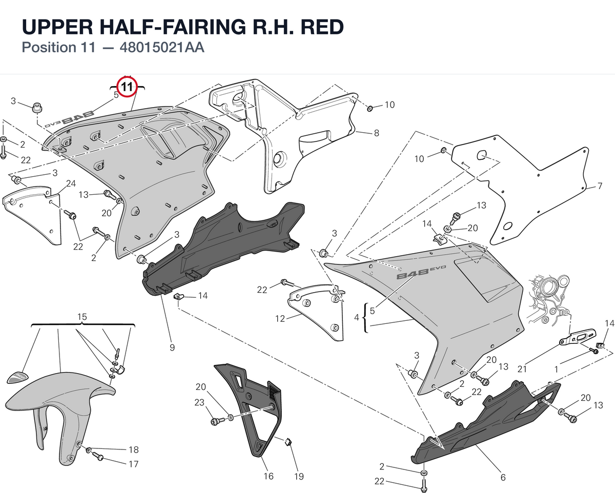 UPPER HALF-FAIRING R.H. RED 48015021AA diagram position