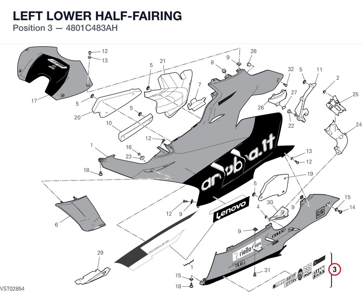 LEFT LOWER HALF-FAIRING 4801C483AH diagram position