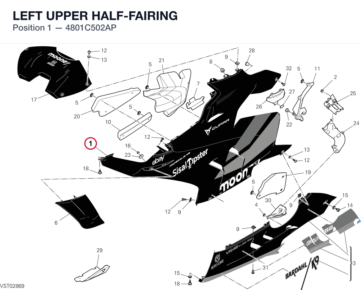 LEFT UPPER HALF-FAIRING 4801C502AP diagram position
