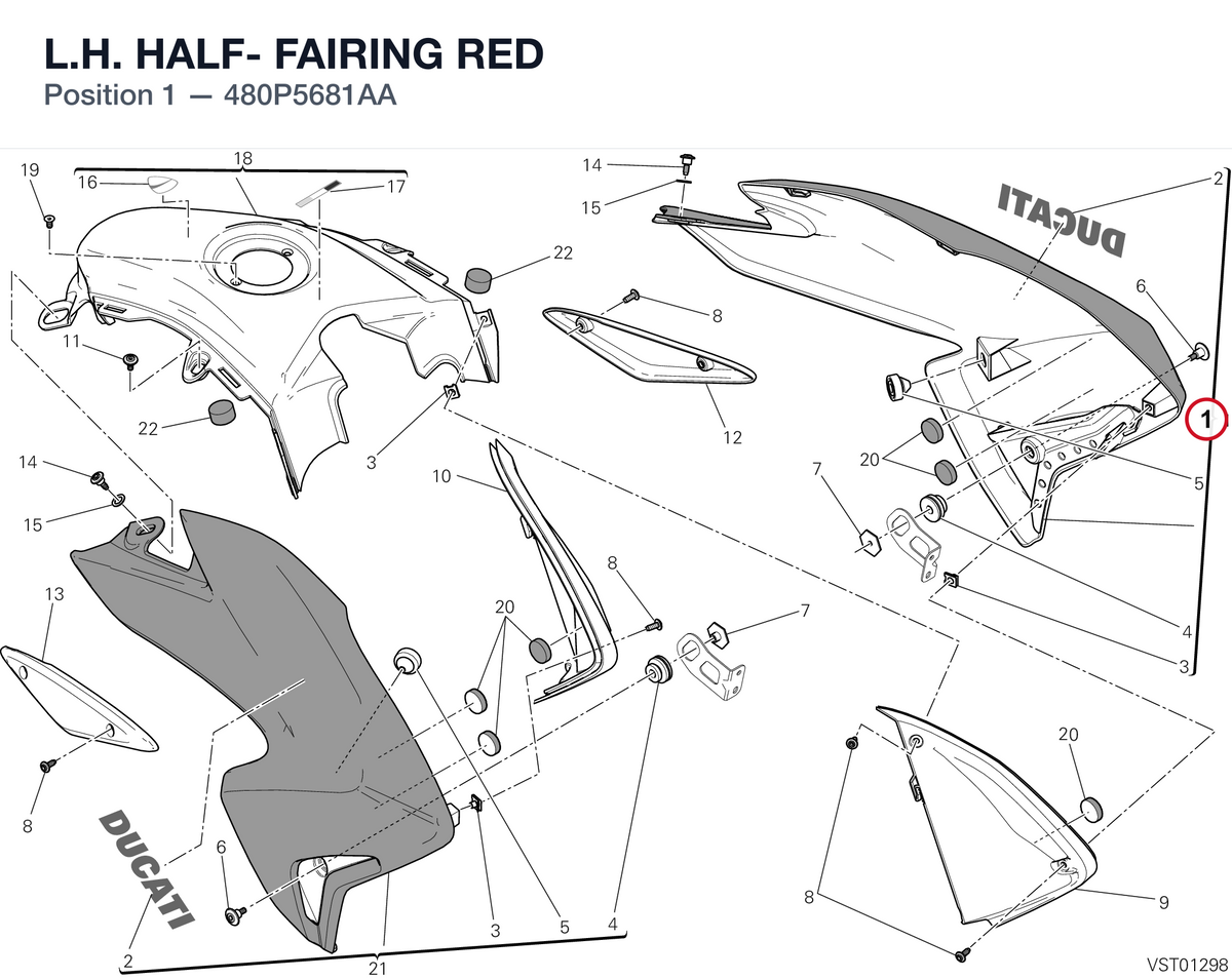 L.H. HALF- FAIRING RED 480P5681AA diagram position