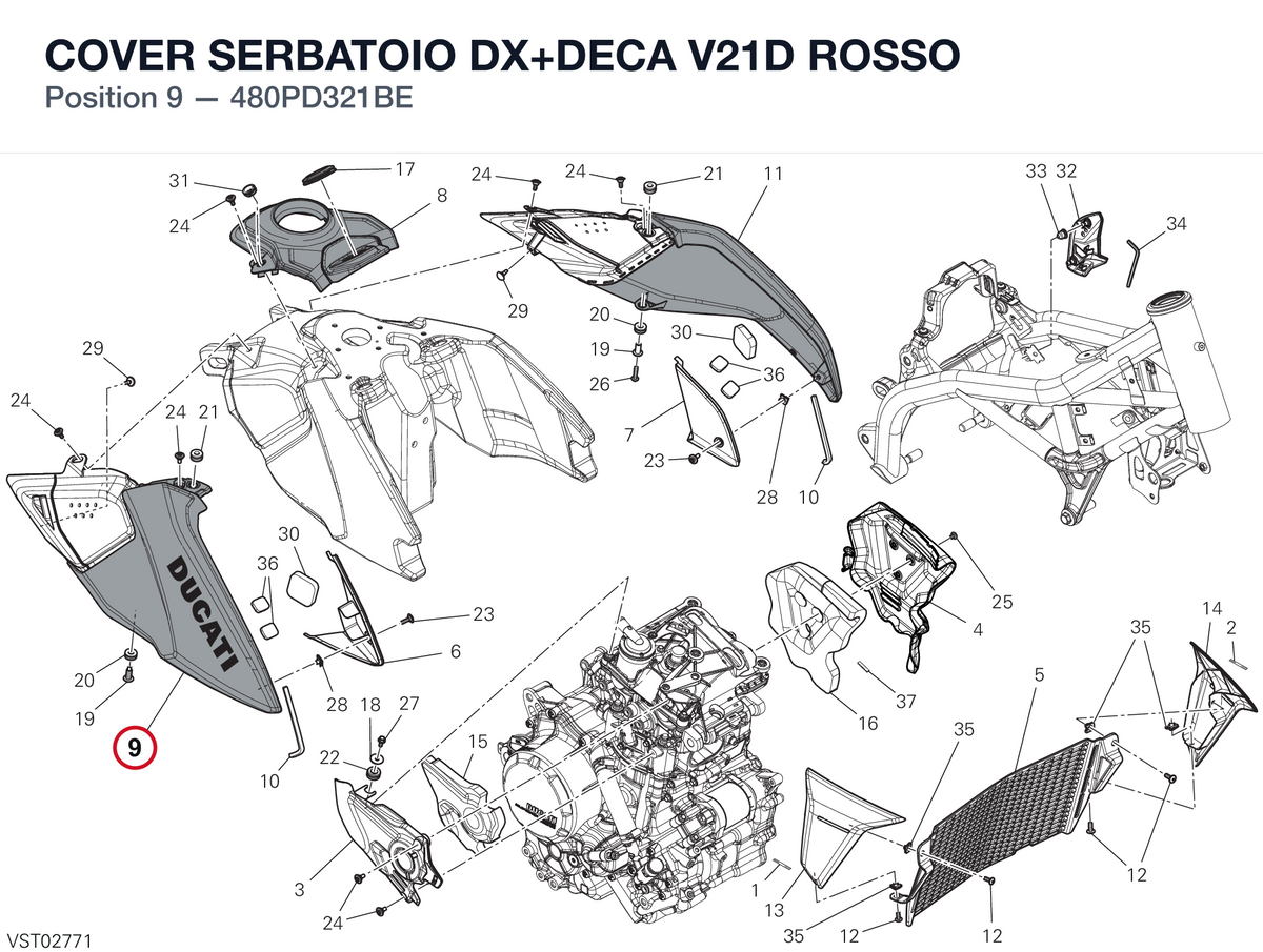 COVER SERBATOIO DX+DECA V21D ROSSO 480PD321BE diagram position