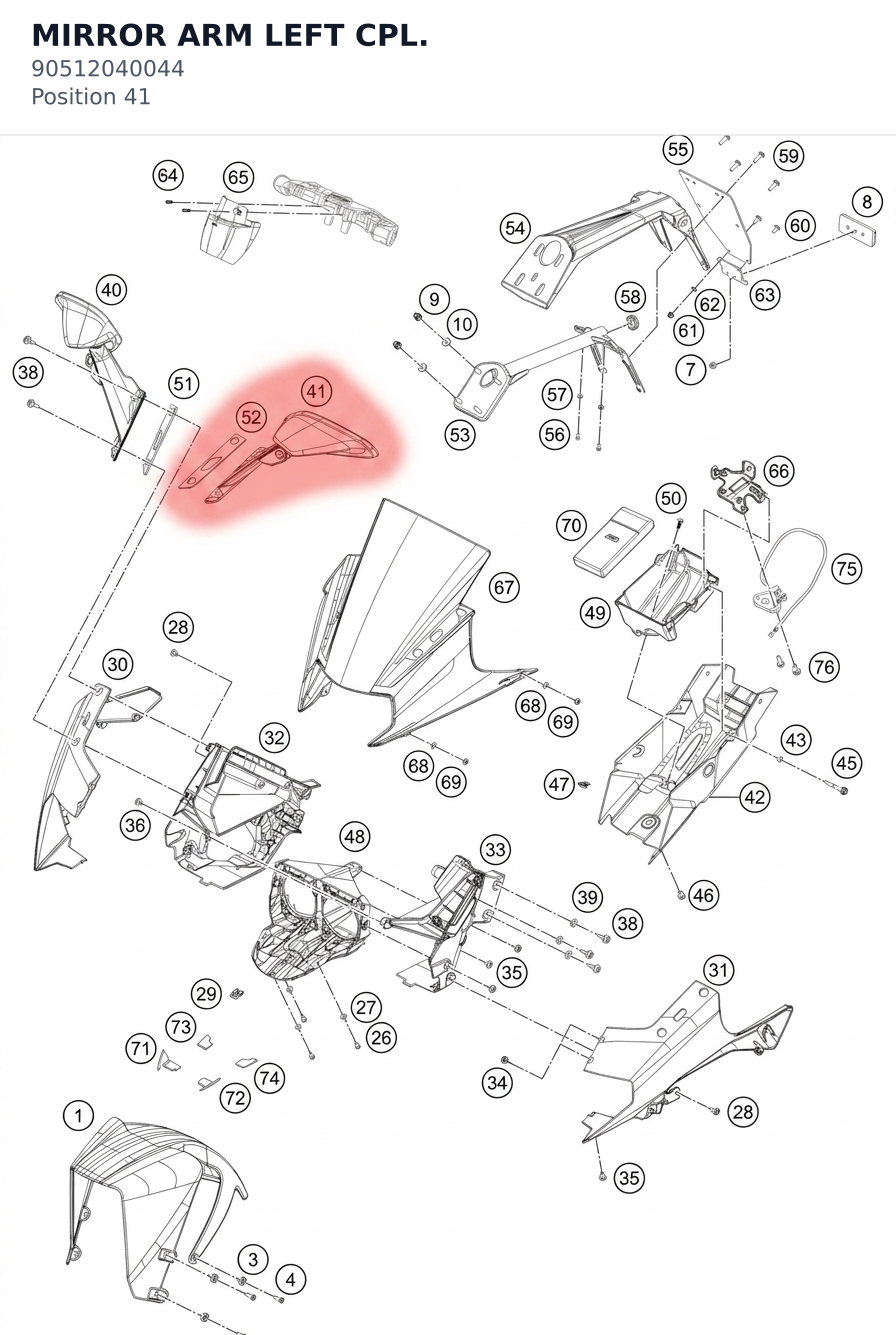 Diagram preview: MIRROR ARM LEFT CPL. (90512040044)