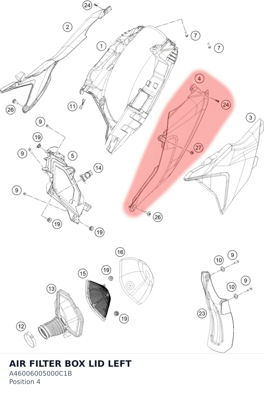 Diagram preview: AIR FILTER BOX LID LEFT (A46006005000C1B)