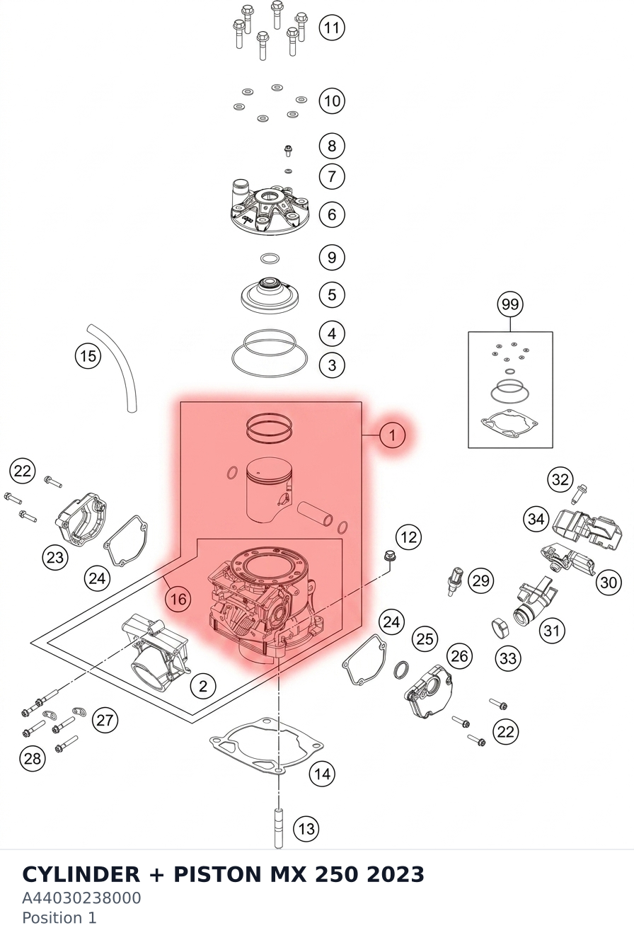 Diagram preview: CYLINDER + PISTON MX 250 2023 (A44030238000)