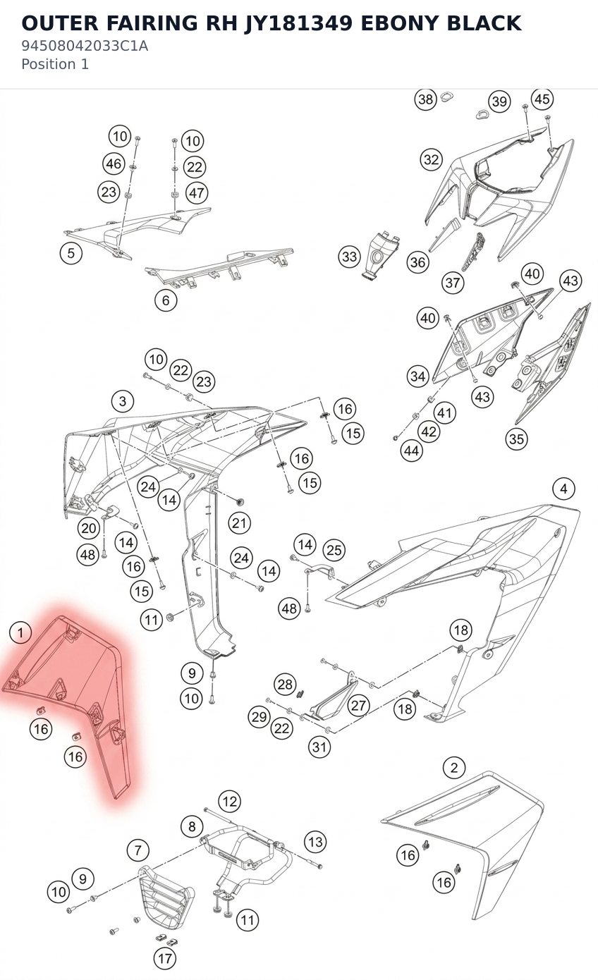 Diagram preview: OUTER FAIRING RH JY181349 EBONY BLACK (94508042033C1A)