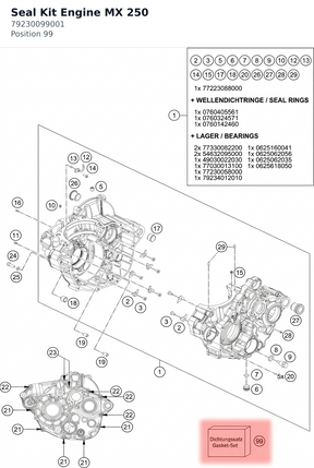 Diagram preview: Seal Kit Engine MX 250 (79230099001)