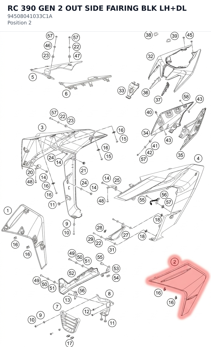 Diagram preview: RC 390 GEN 2 OUT SIDE FAIRING BLK LH+DL (94508041033C1A)