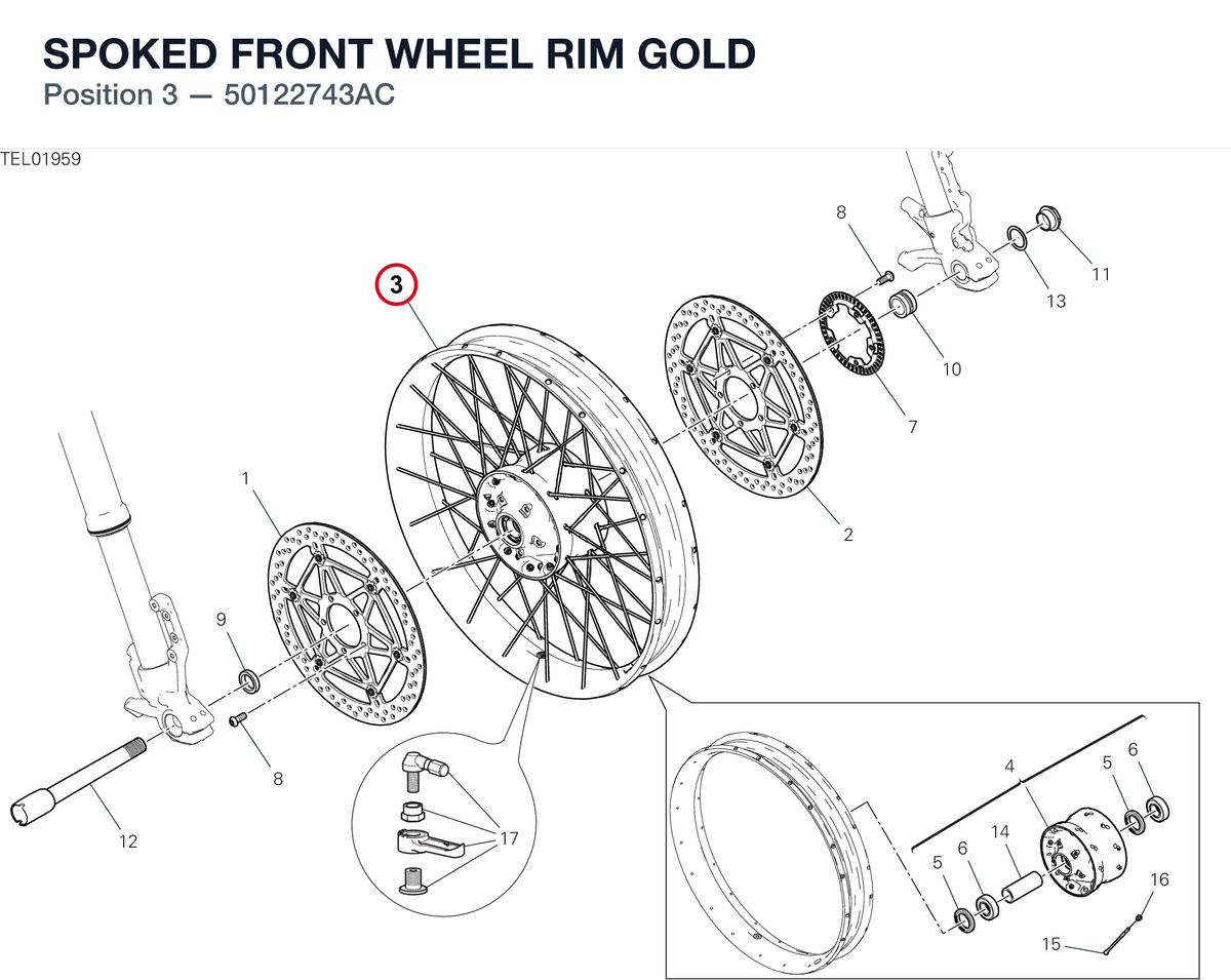 SPOKED FRONT WHEEL RIM GOLD 50122743AC diagram position