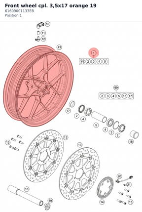 Diagram preview: Front wheel cpl. 3,5x17  orange 19 (61609001133EB)