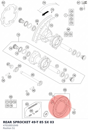 Diagram preview: REAR SPROCKET 49-T  85 SX   03 (47010051049)