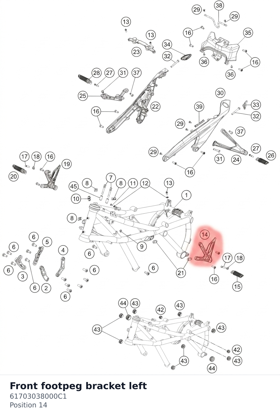 Diagram preview: Front footpeg bracket left (61703038000C1)