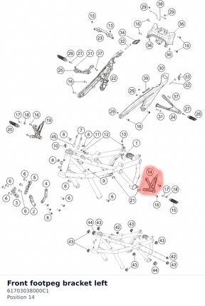Diagram preview: Front footpeg bracket left (61703038000C1)