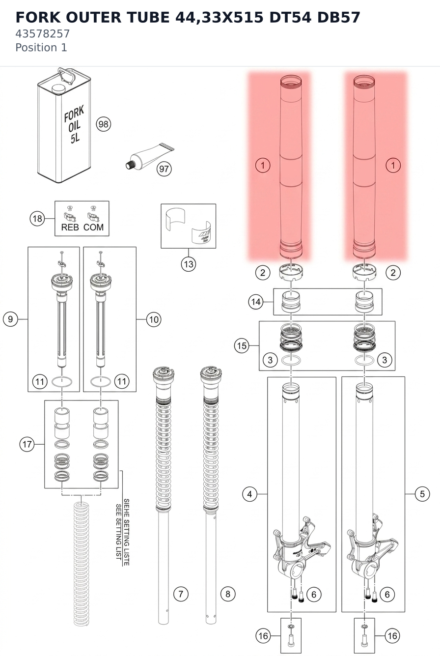 Diagram preview: FORK OUTER TUBE 44,33X515 DT54 DB57 (43578257)