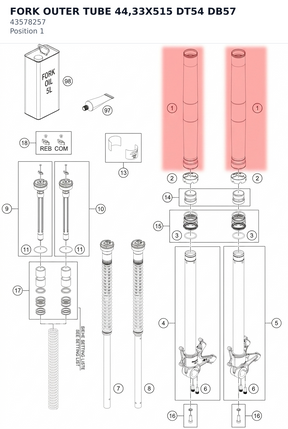 Diagram preview: FORK OUTER TUBE 44,33X515 DT54 DB57 (43578257)