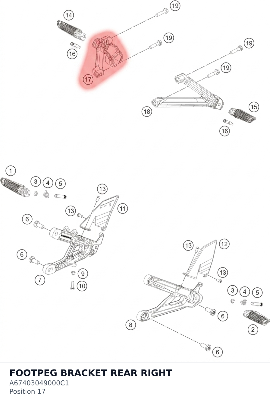 Diagram preview: FOOTPEG BRACKET REAR RIGHT (A67403049000C1)