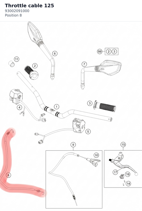 Diagram preview: Throttle cable 125 (93002091000)